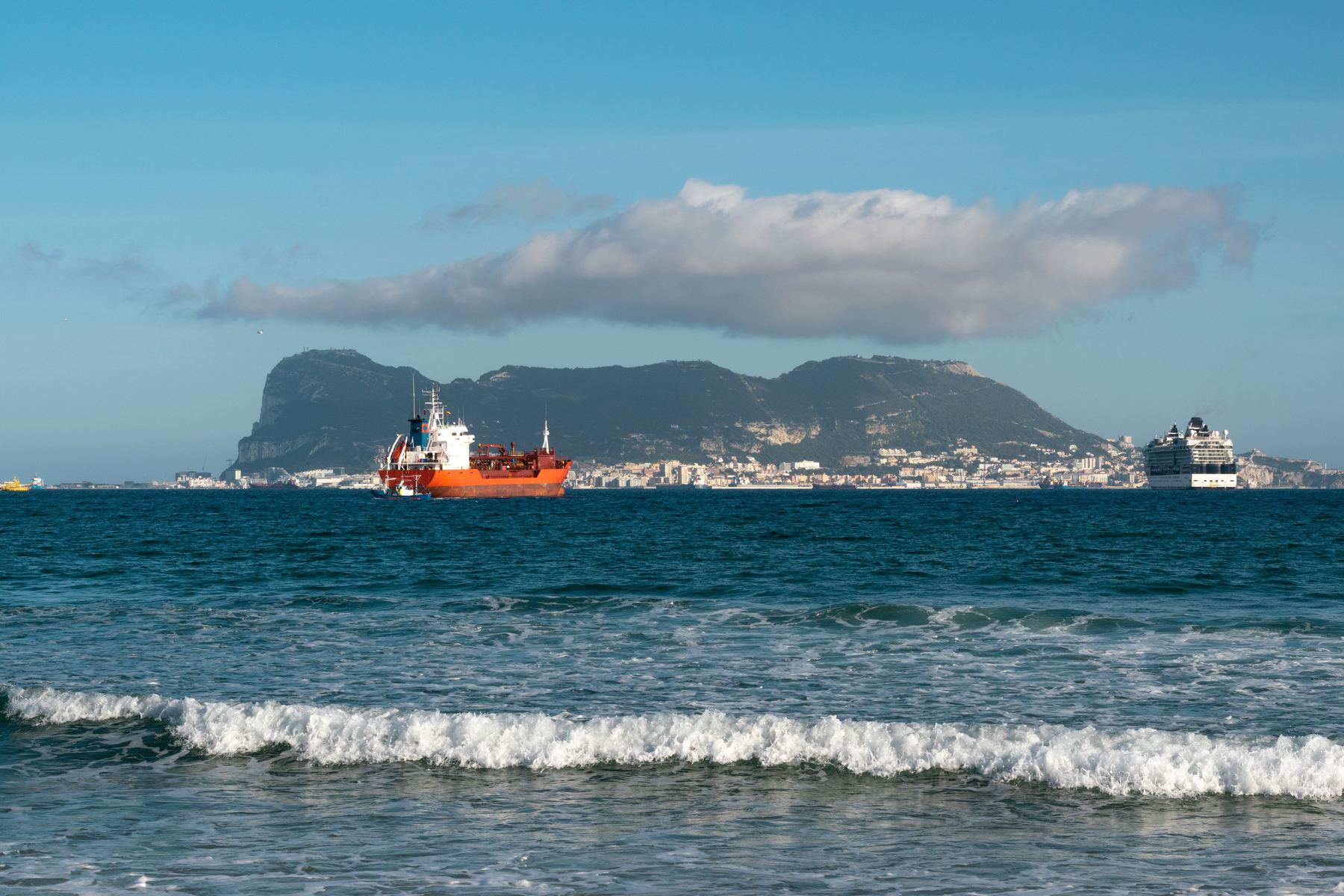 Gibraltar viewed across the Strait with ships on the water